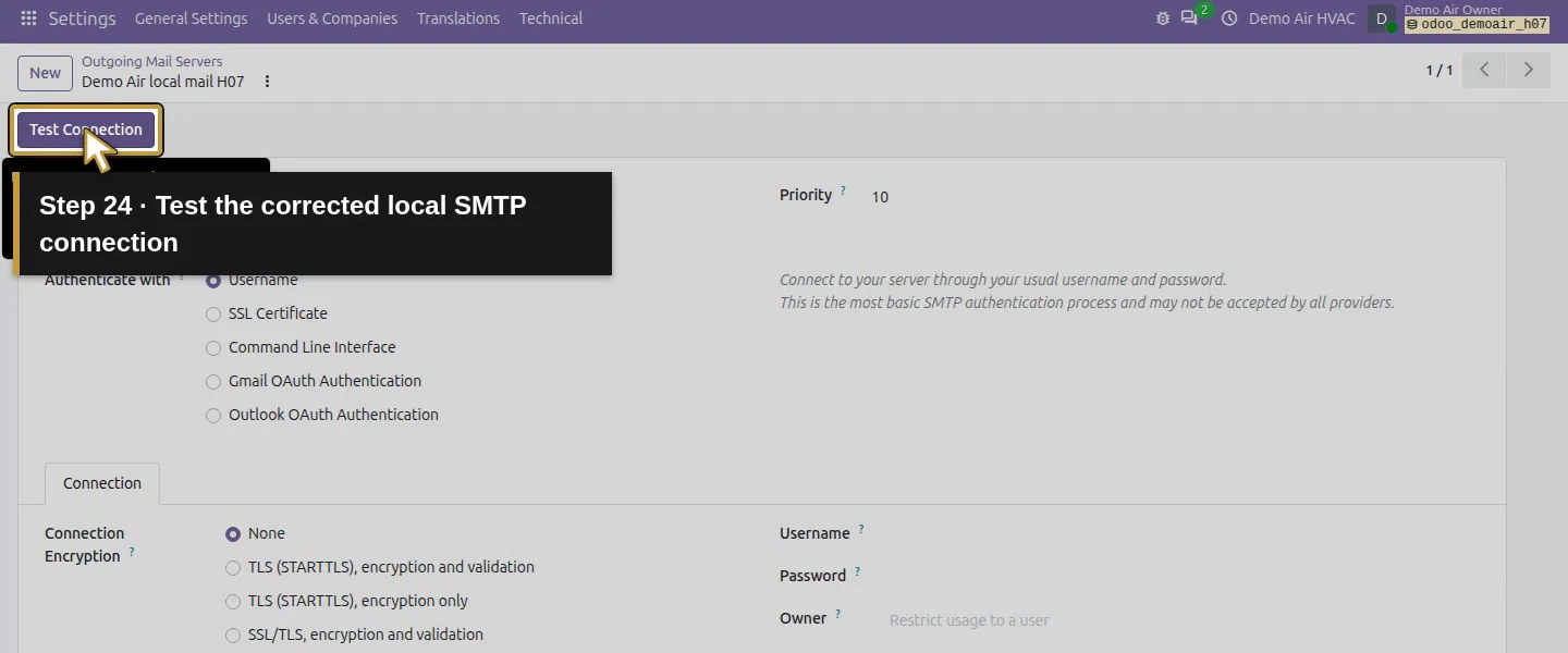 Action 24: Test the corrected local SMTP connection. The actual target is highlighted in gold.