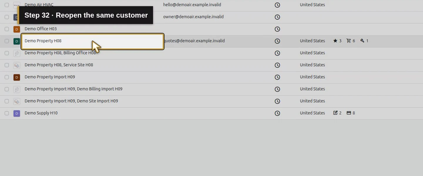 Action 32: Reopen the same customer. The actual target is highlighted in gold.