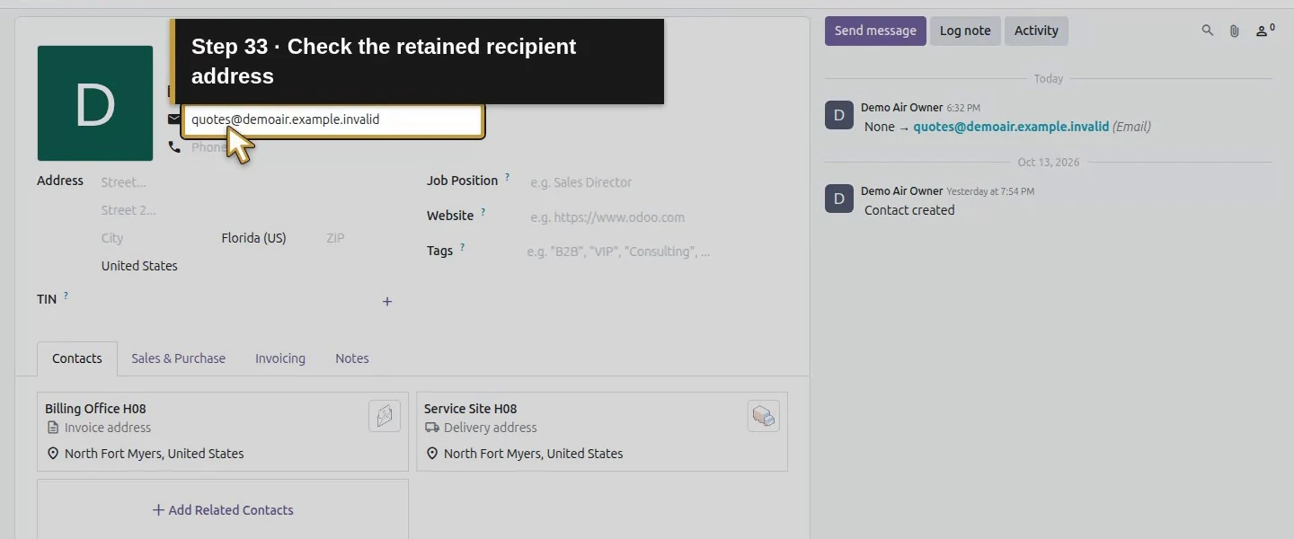 Action 33: Check the retained recipient address. The actual target is highlighted in gold.