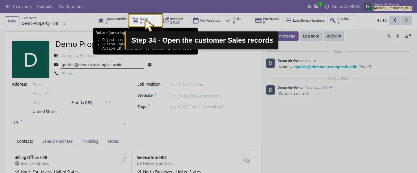 Action 34: Open the customer Sales records. The actual target is highlighted in gold.