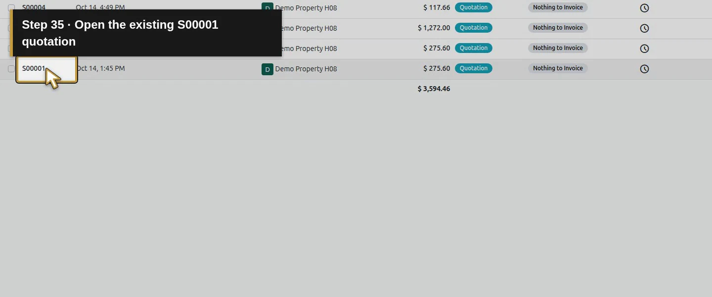 Action 35: Open the existing S00001 quotation. The actual target is highlighted in gold.