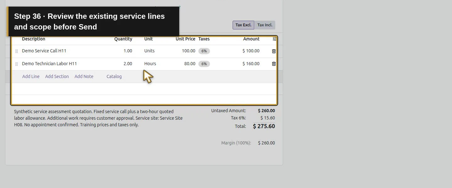 Action 36: Review the existing service lines and scope before Send. The actual target is highlighted in gold.