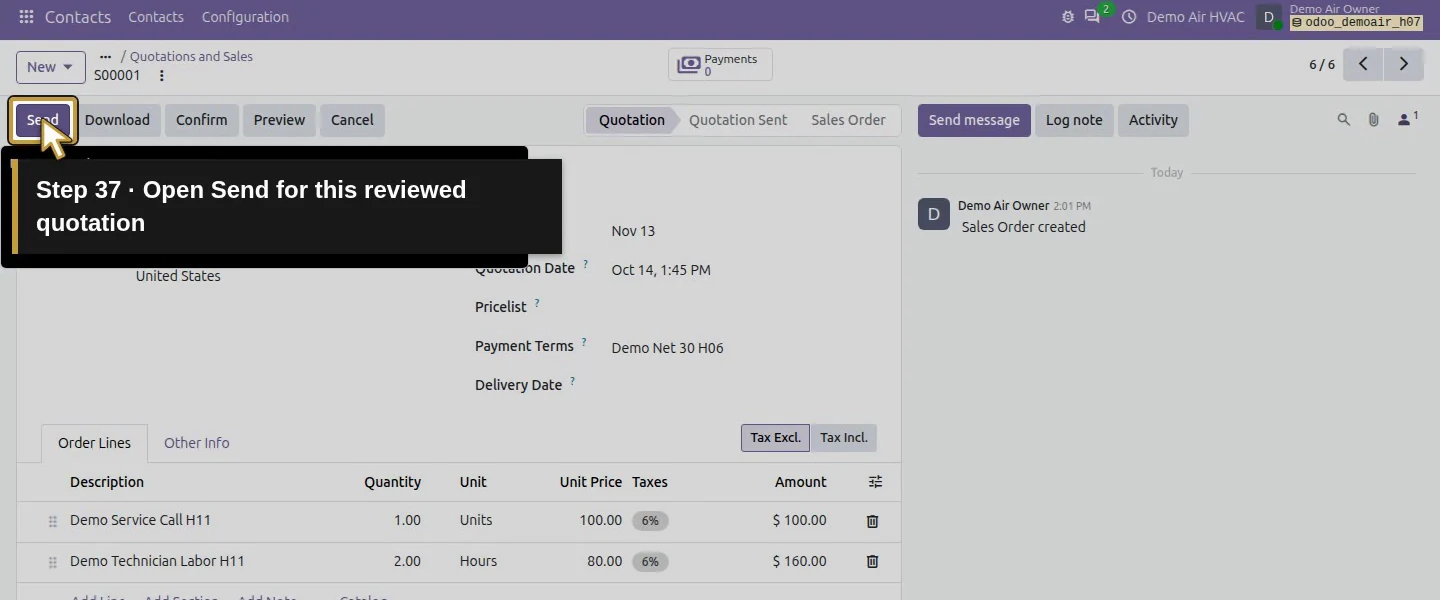 Action 37: Open Send for this reviewed quotation. The actual target is highlighted in gold.