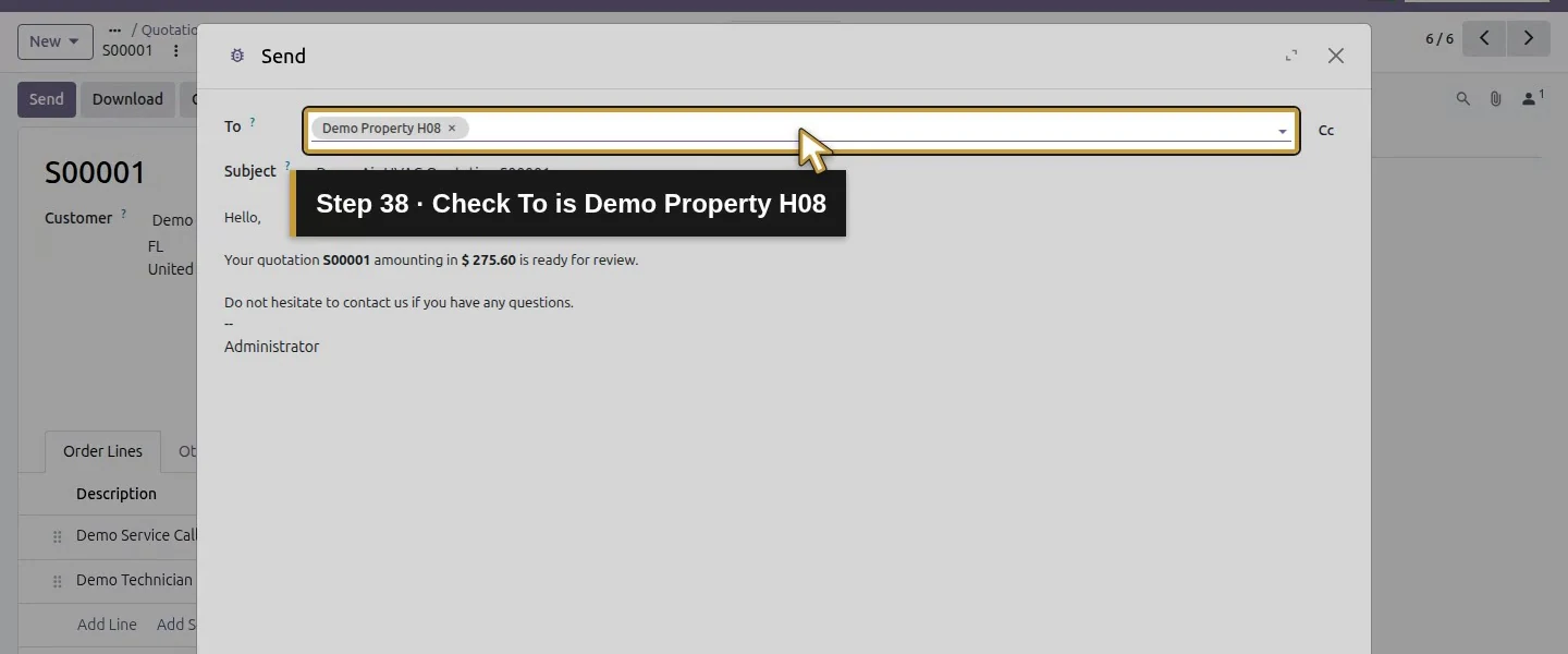 Action 38: Check To is Demo Property H08. The actual target is highlighted in gold.