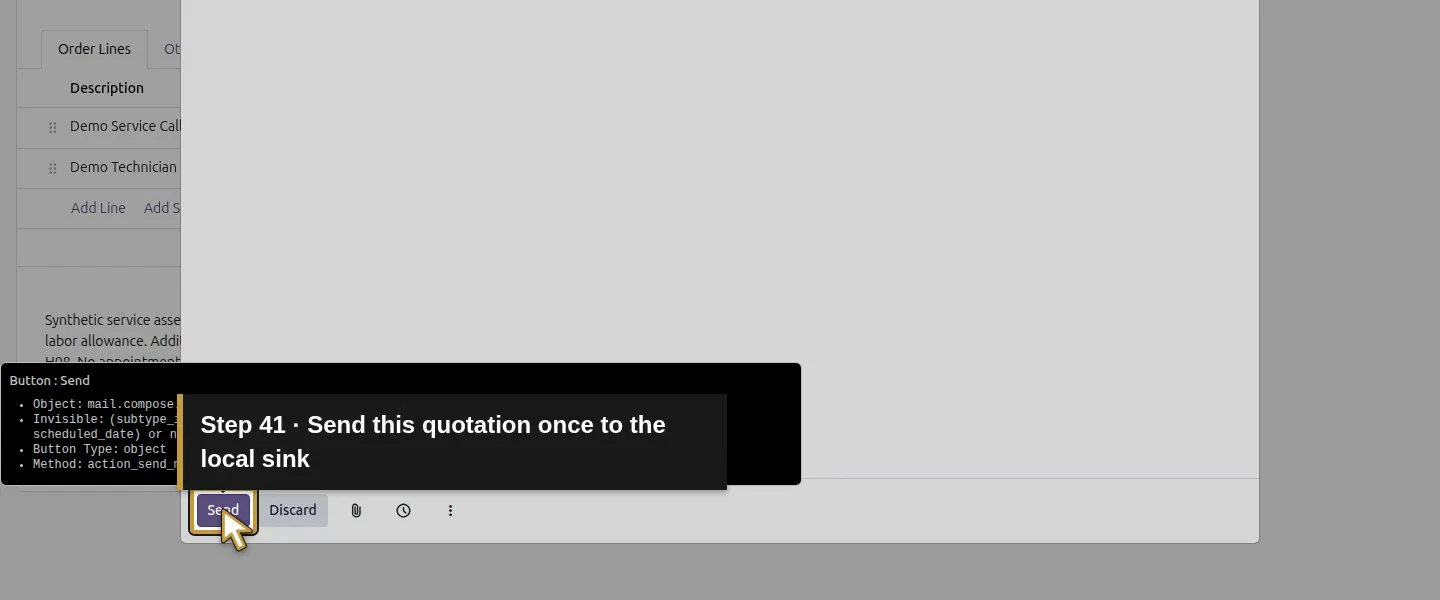 Action 41: Send this quotation once to the local sink. The actual target is highlighted in gold.