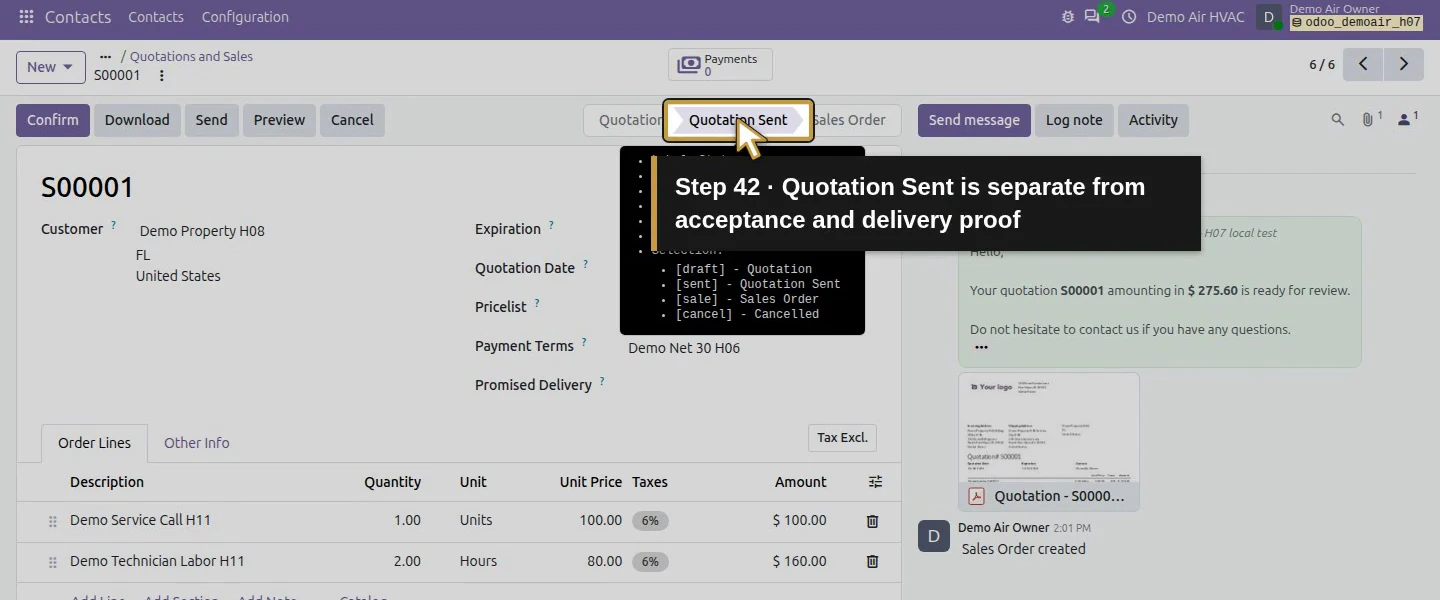 Action 42: Quotation Sent is separate from acceptance and delivery proof. The actual target is highlighted in gold.