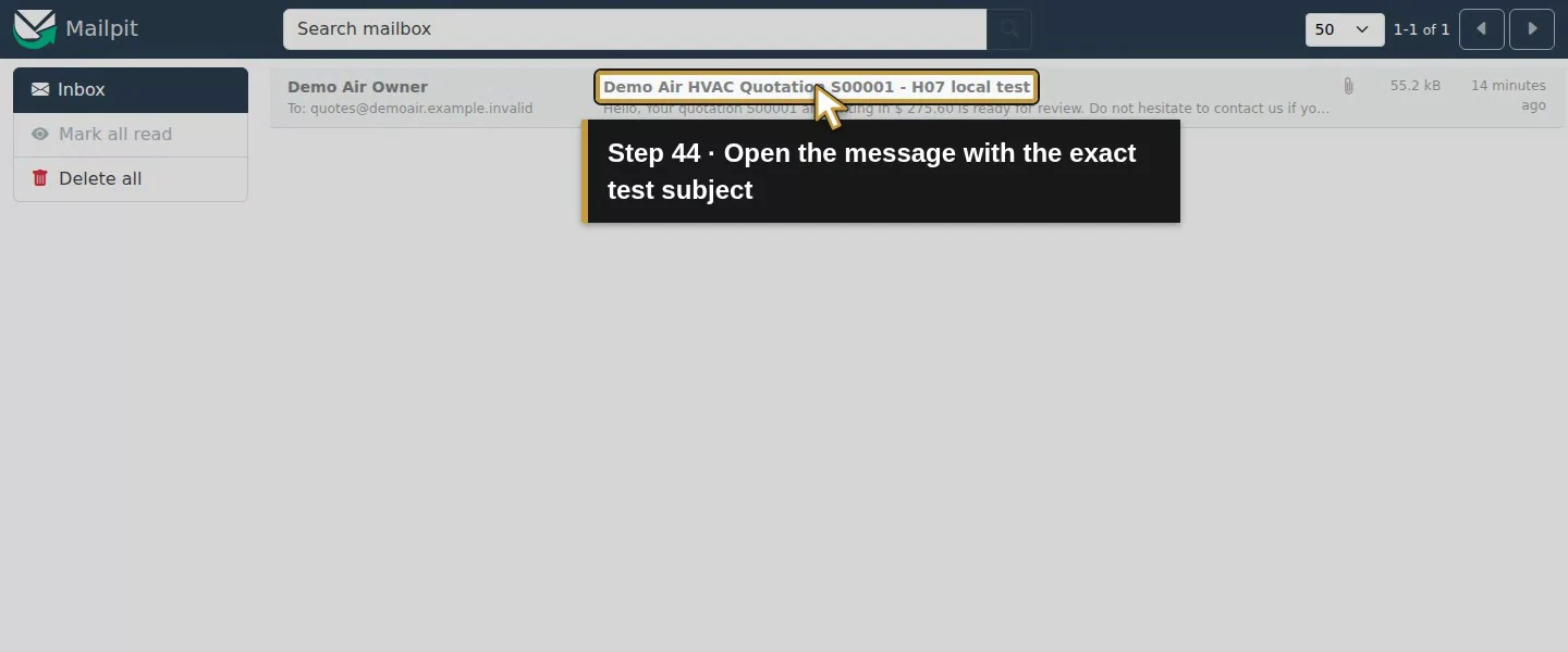 Action 44: Open the message with the exact test subject. The actual target is highlighted in gold.