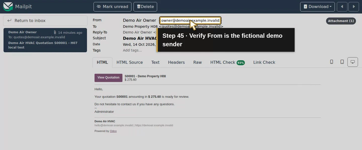 Action 45: Verify From is the fictional demo sender. The actual target is highlighted in gold.