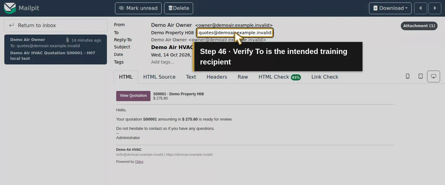 Action 46: Verify To is the intended training recipient. The actual target is highlighted in gold.