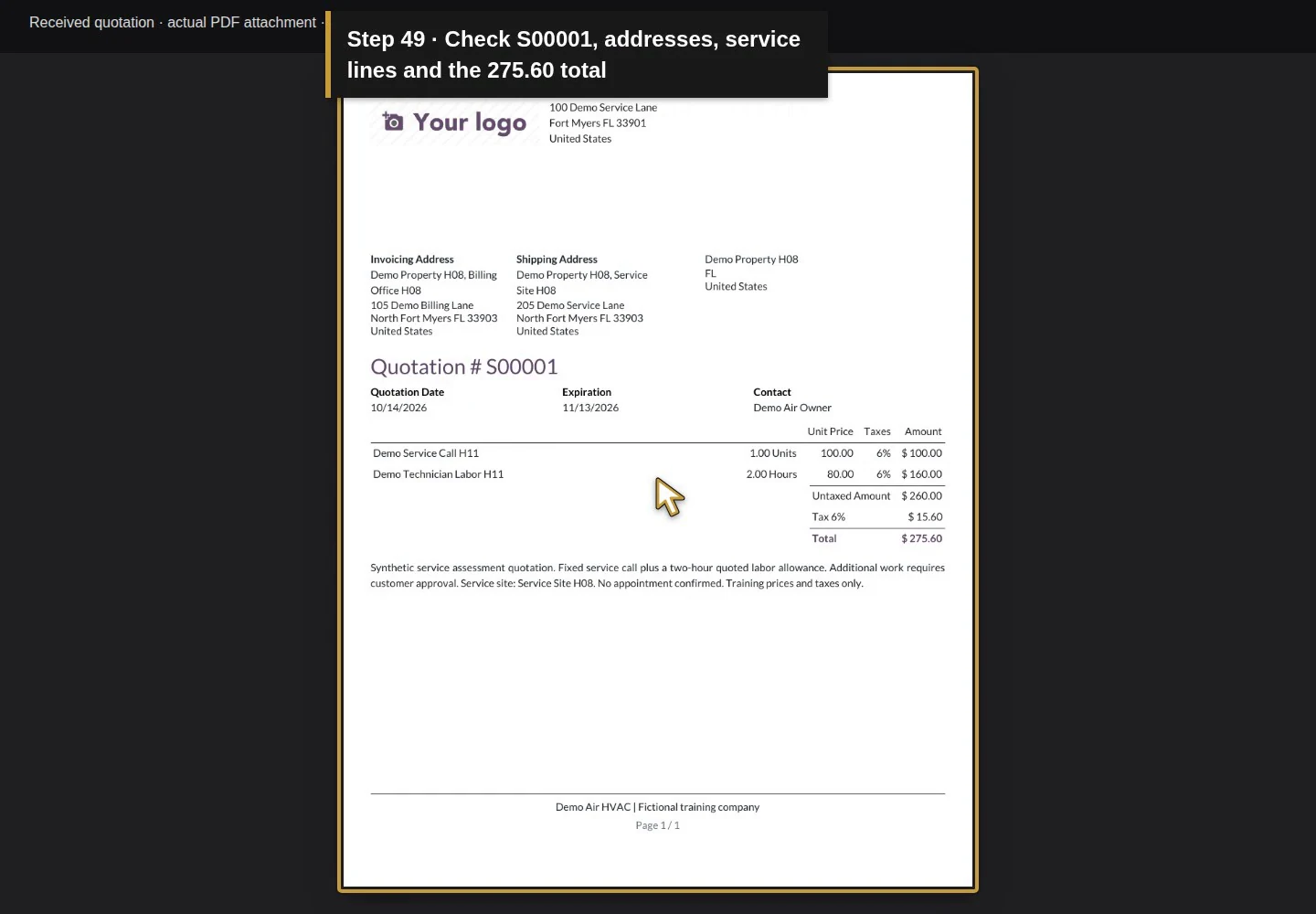 Action 49: Check S00001, addresses, service lines and the 275.60 total. The actual target is highlighted in gold.