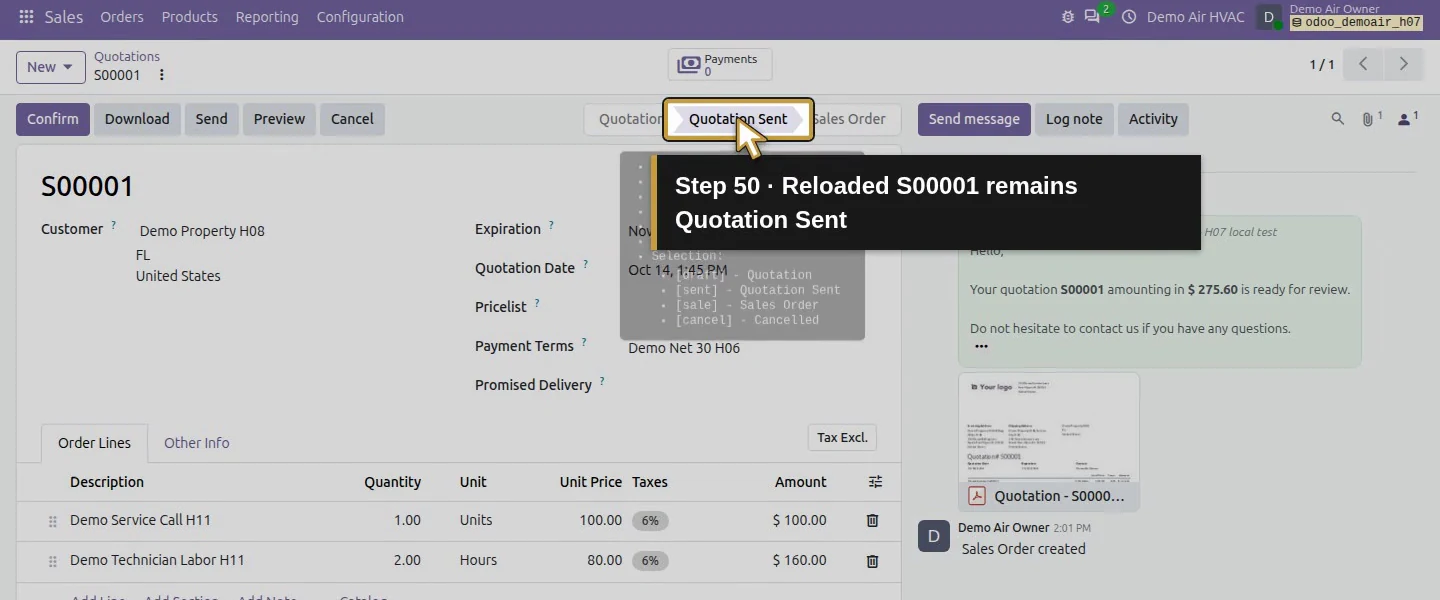 Action 50: Reloaded S00001 remains Quotation Sent. The actual target is highlighted in gold.