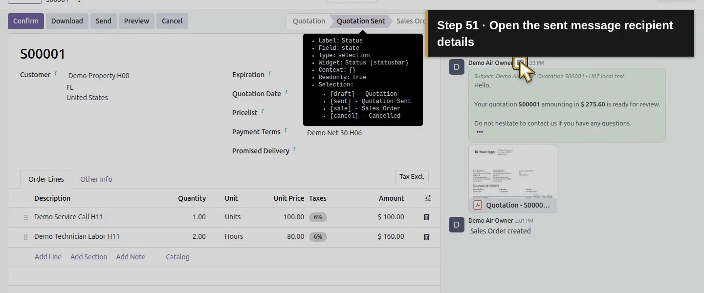 Action 51: Open the sent message recipient details. The actual target is highlighted in gold.