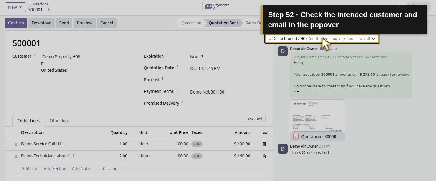 Action 52: Check the intended customer and email in the popover. The actual target is highlighted in gold.