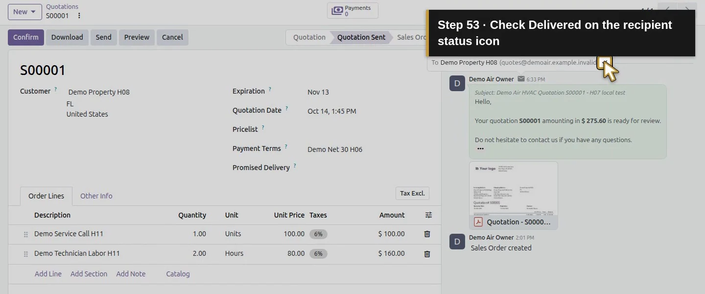 Action 53: Check Delivered on the recipient status icon. The actual target is highlighted in gold.