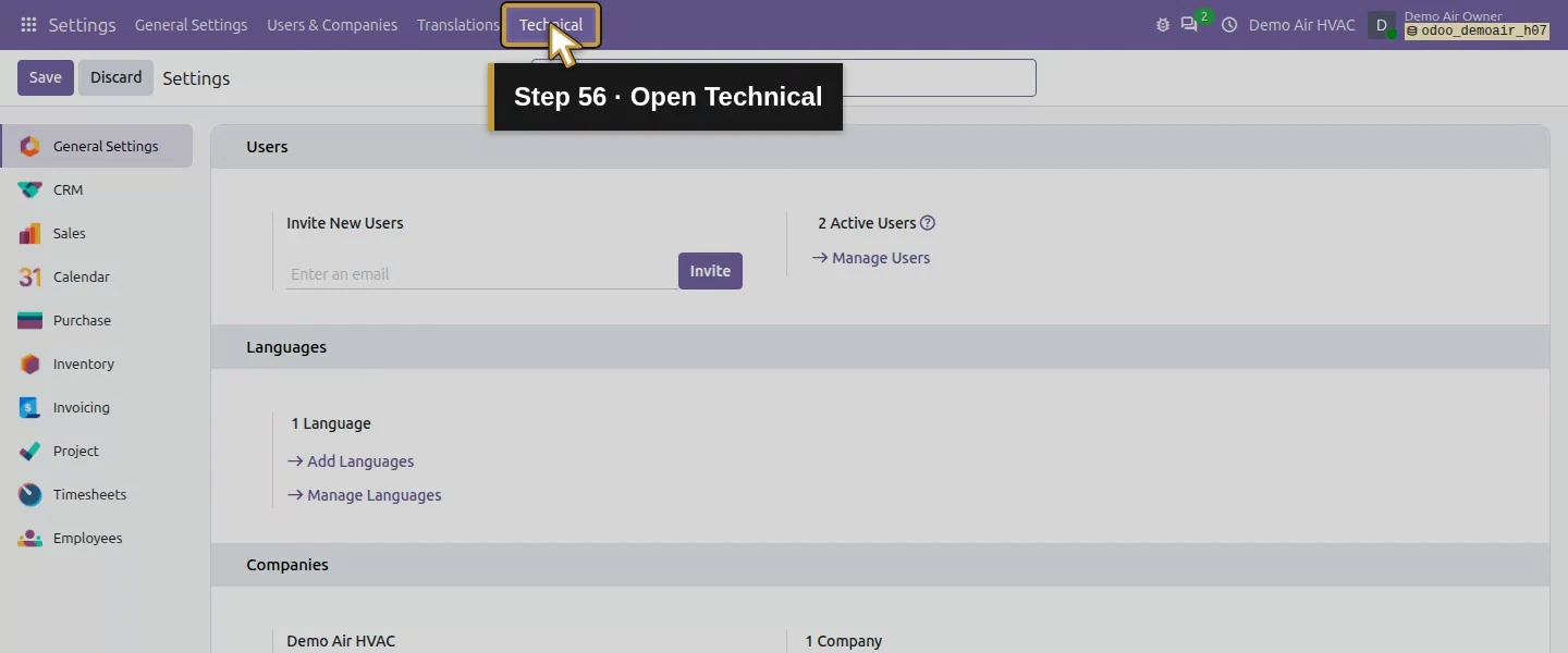 Action 56: Open Technical. The actual target is highlighted in gold.
