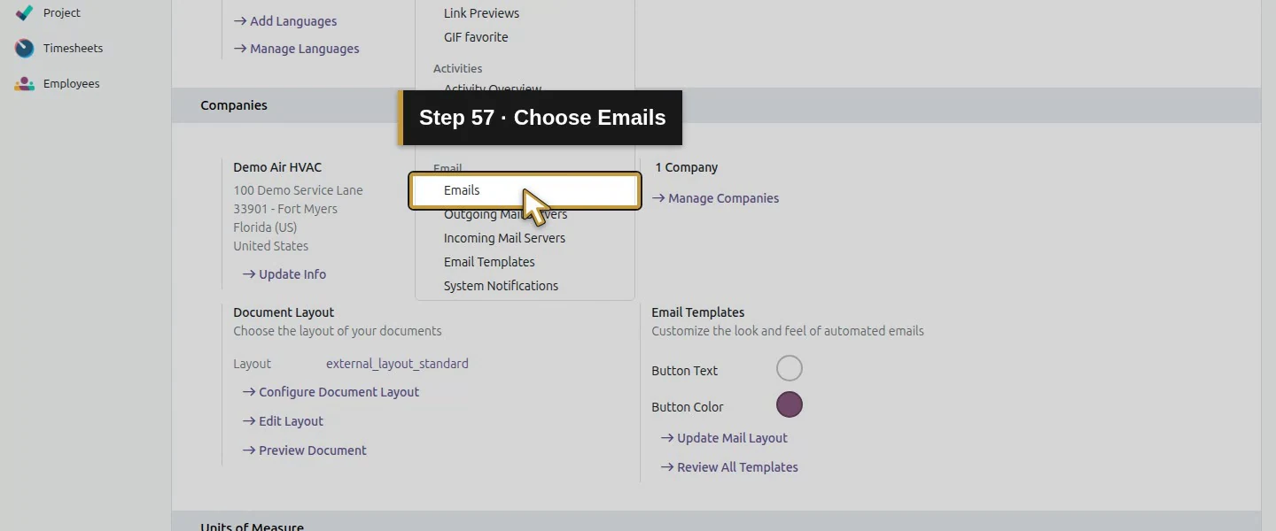 Action 57: Choose Emails. The actual target is highlighted in gold.