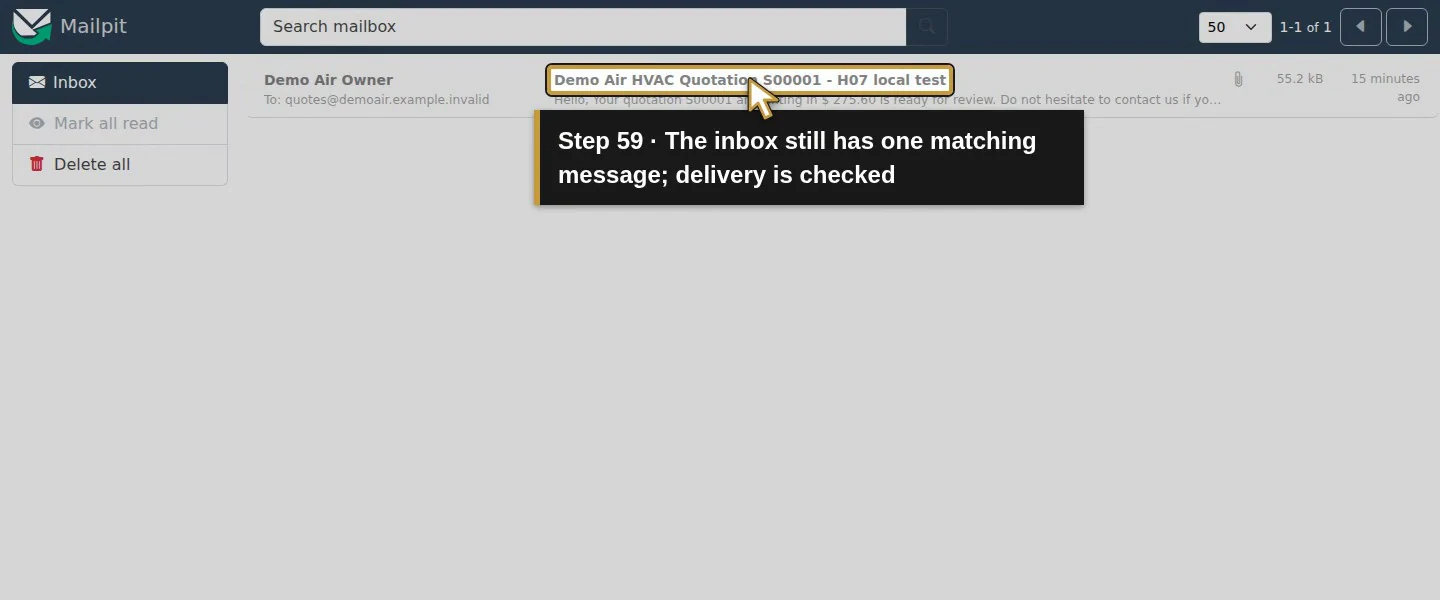 Action 59: The inbox still has one matching message; delivery is checked. The actual target is highlighted in gold.