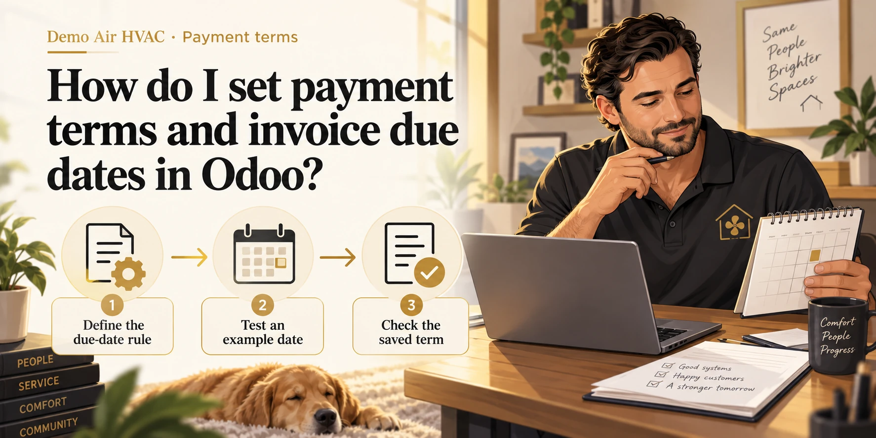 How do I set payment terms and invoice due dates in Odoo? A fictional HVAC owner connects Define the due-date rule, Test an example date and Check the saved term.