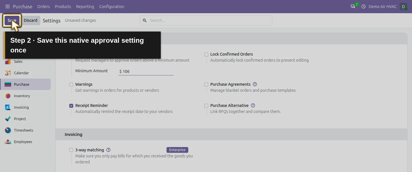 Action 2: Save this native approval setting once. The actual target is highlighted in gold.