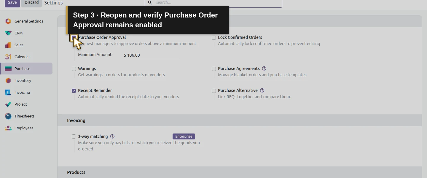 Action 3: Reopen and verify Purchase Order Approval remains enabled. The actual target is highlighted in gold.
