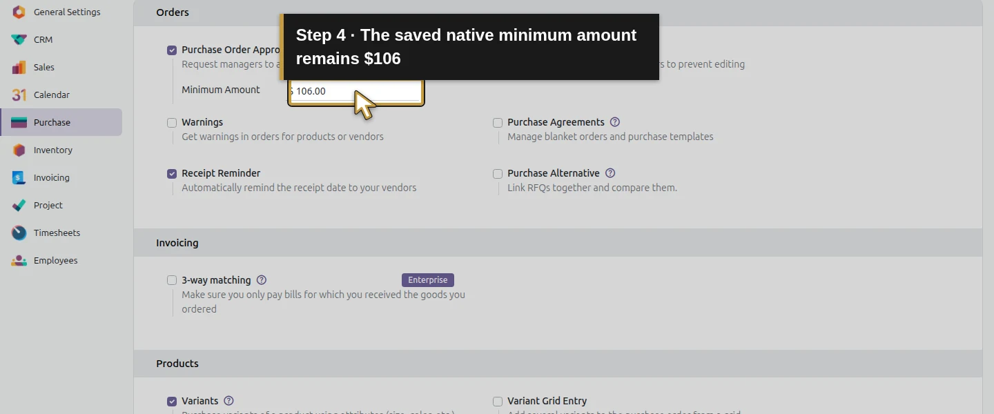 Action 4: The saved native minimum amount remains $106. The actual target is highlighted in gold.