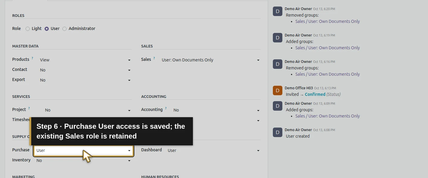 Action 6: Purchase User access is saved; the existing Sales role is retained. The actual target is highlighted in gold.