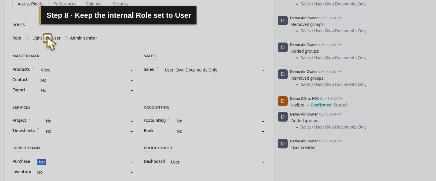 Action 8: Keep the internal Role set to User. The actual target is highlighted in gold.