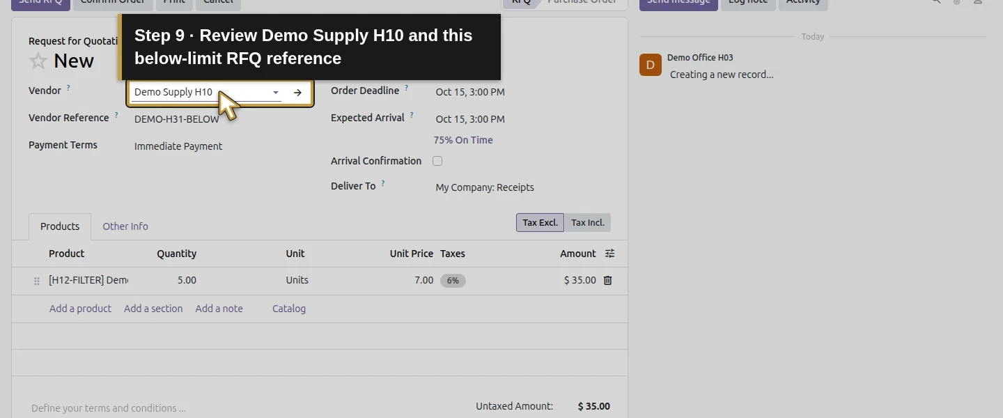 Action 9: Review Demo Supply H10 and this below-limit RFQ reference. The actual target is highlighted in gold.