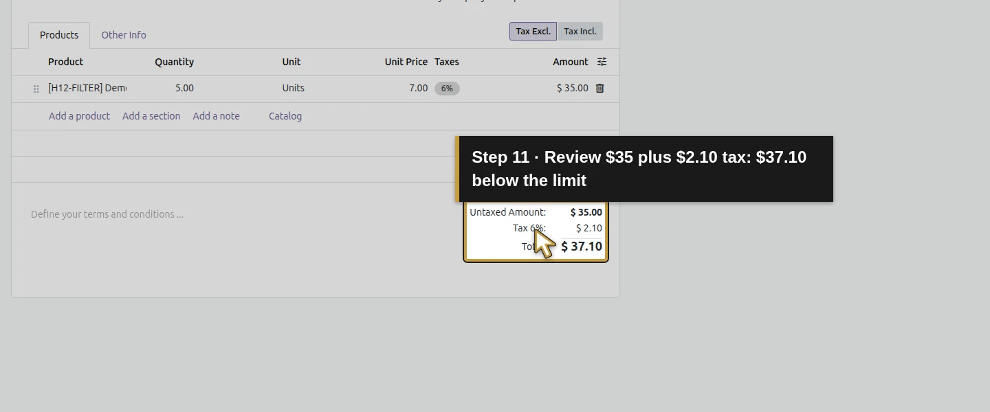 Action 11: Review $35 plus $2.10 tax: $37.10 below the limit. The actual target is highlighted in gold.