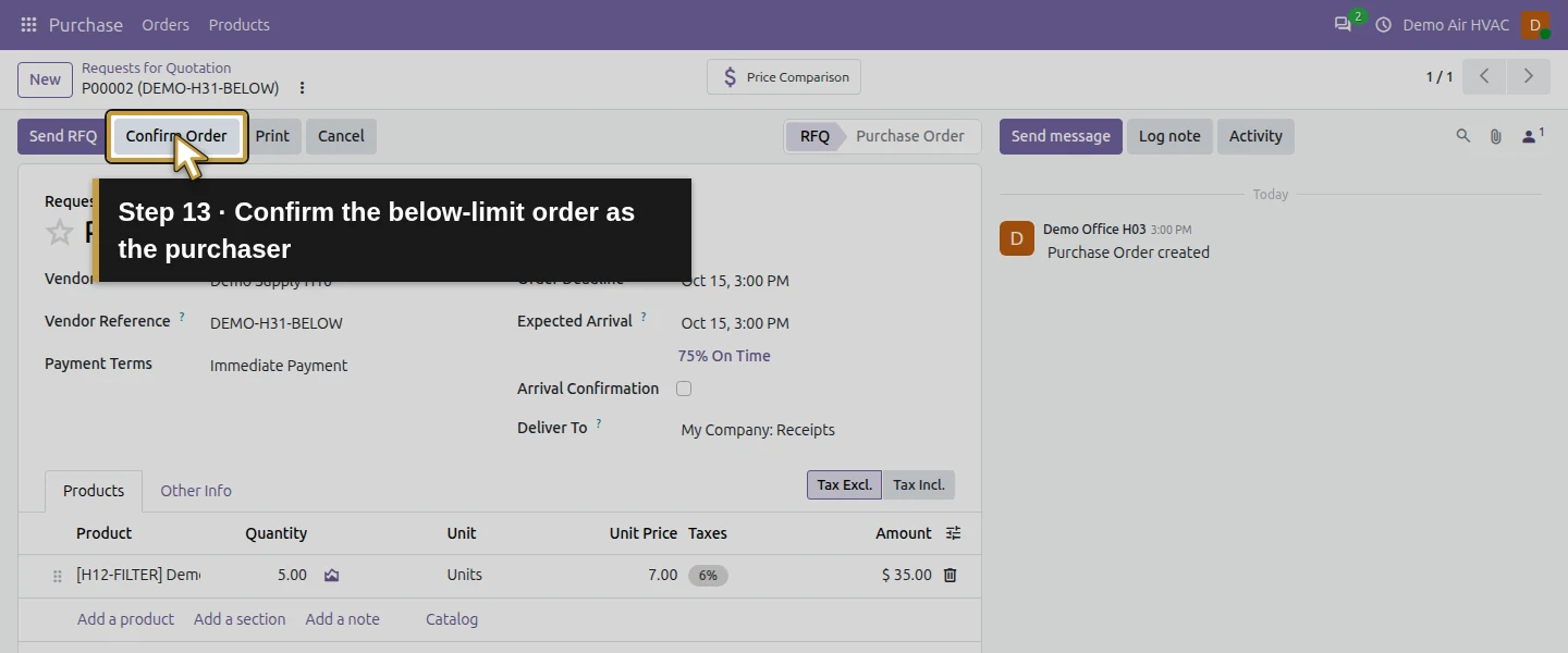Action 13: Confirm the below-limit order as the purchaser. The actual target is highlighted in gold.