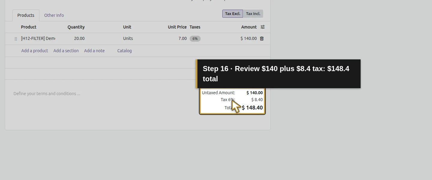 Action 16: Review $140 plus $8.4 tax: $148.4 total. The actual target is highlighted in gold.