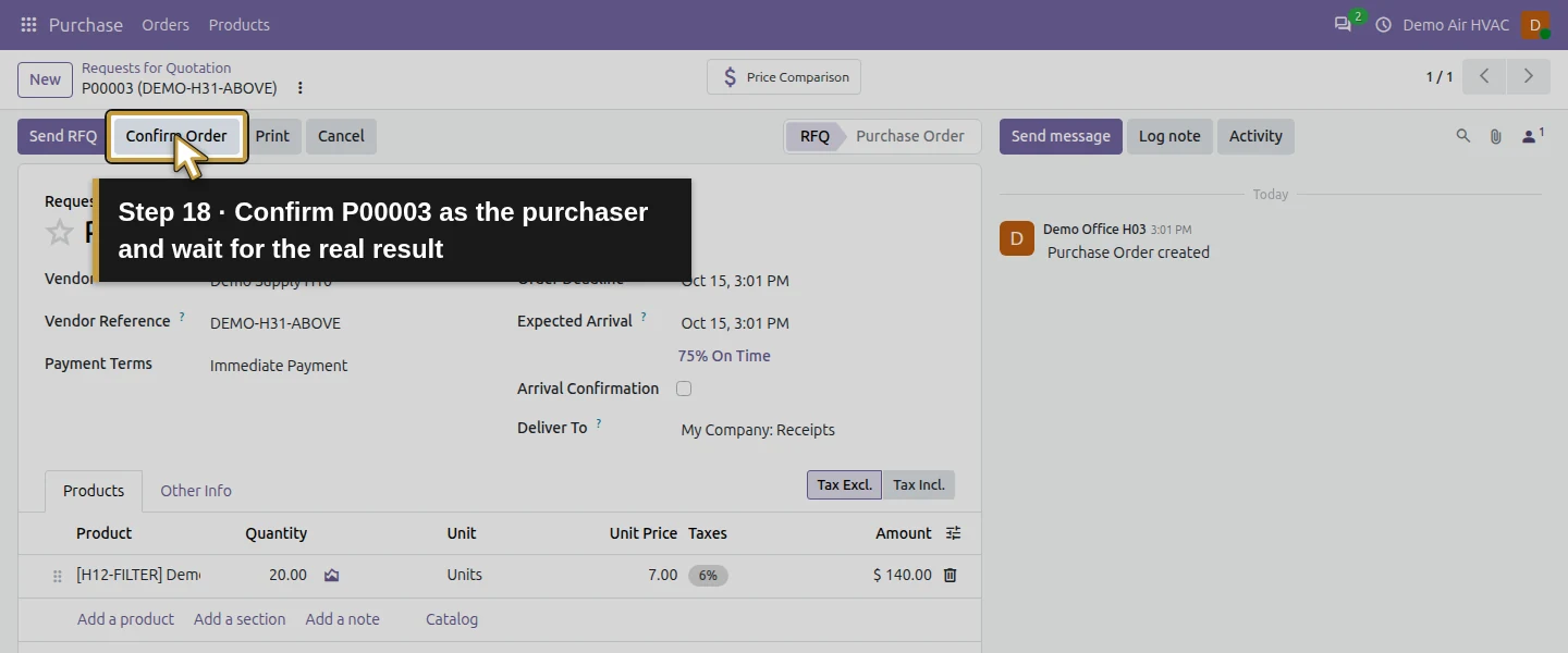 Action 18: Confirm P00003 as the purchaser and wait for the real result. The actual target is highlighted in gold.