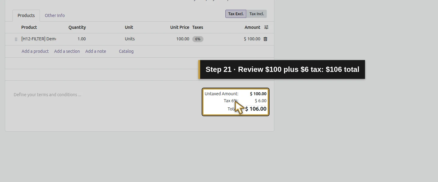 Action 21: Review $100 plus $6 tax: $106 total. The actual target is highlighted in gold.