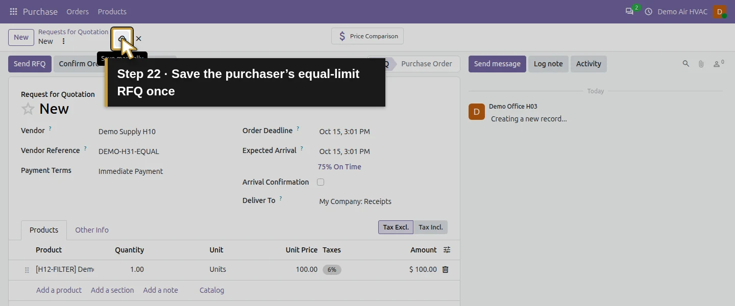 Action 22: Save the purchaser’s equal-limit RFQ once. The actual target is highlighted in gold.