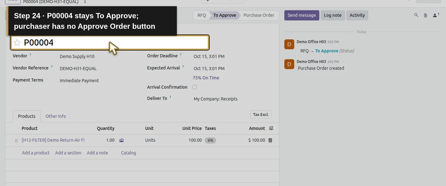 Action 24: P00004 stays To Approve; purchaser has no Approve Order button. The actual target is highlighted in gold.