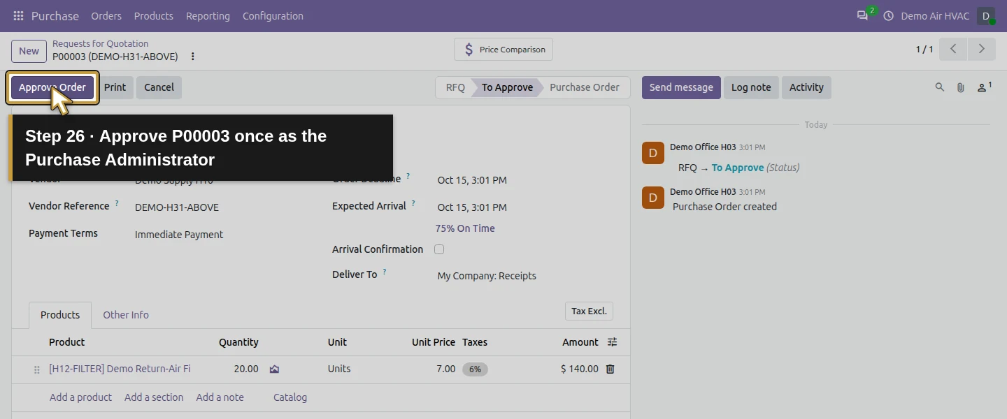 Action 26: Approve P00003 once as the Purchase Administrator. The actual target is highlighted in gold.