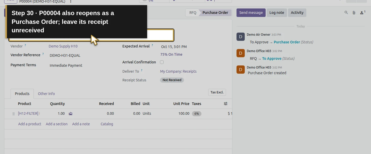 Action 30: P00004 also reopens as a Purchase Order; leave its receipt unreceived. The actual target is highlighted in gold.