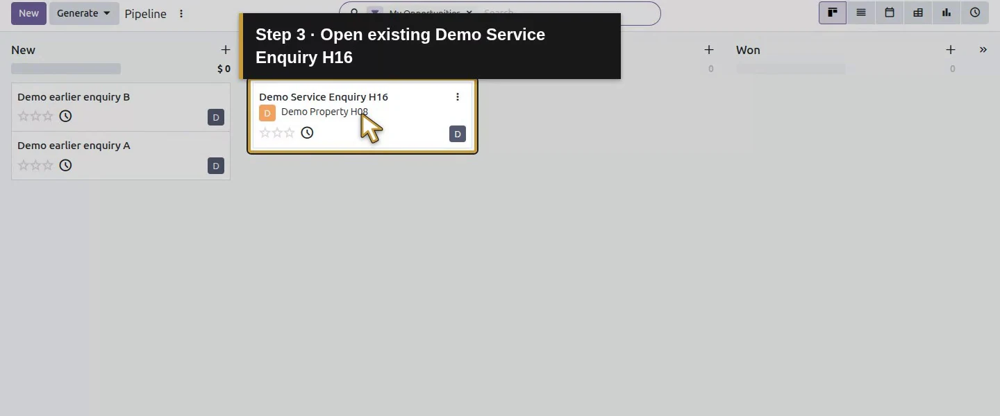 Video action 3: Open existing Demo Service Enquiry H16. The actual target is highlighted in gold.