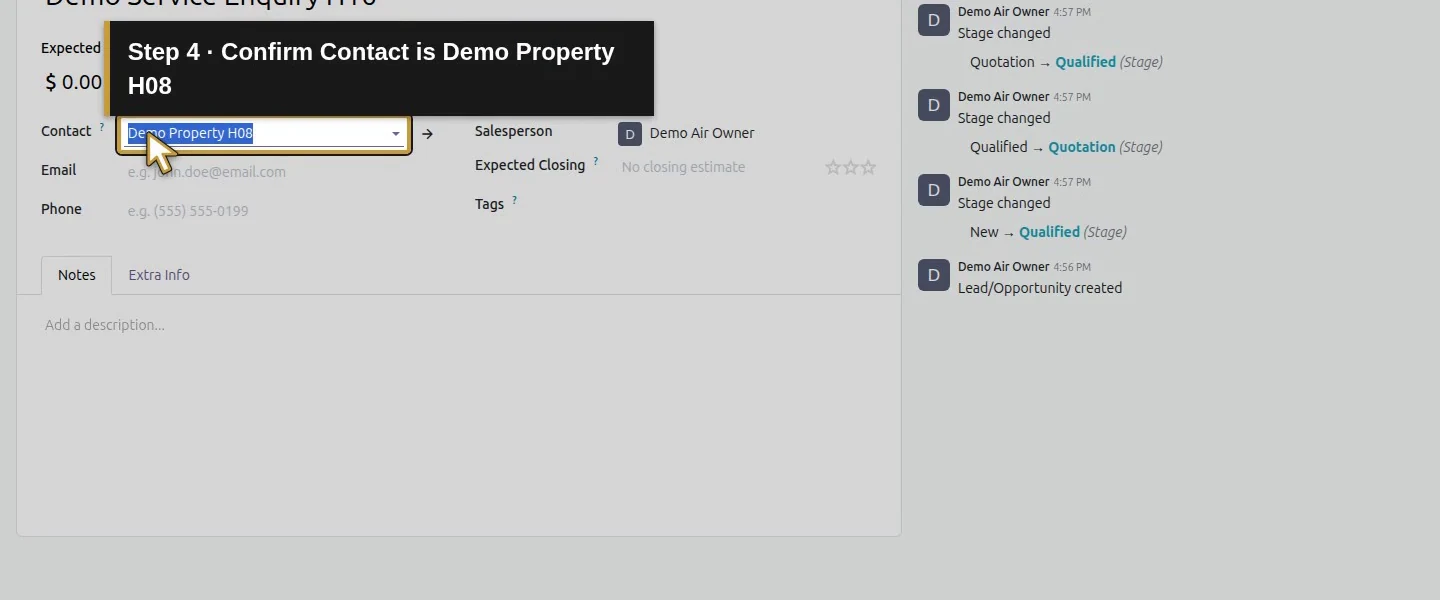 Video action 4: Confirm Contact is Demo Property H08. The actual target is highlighted in gold.