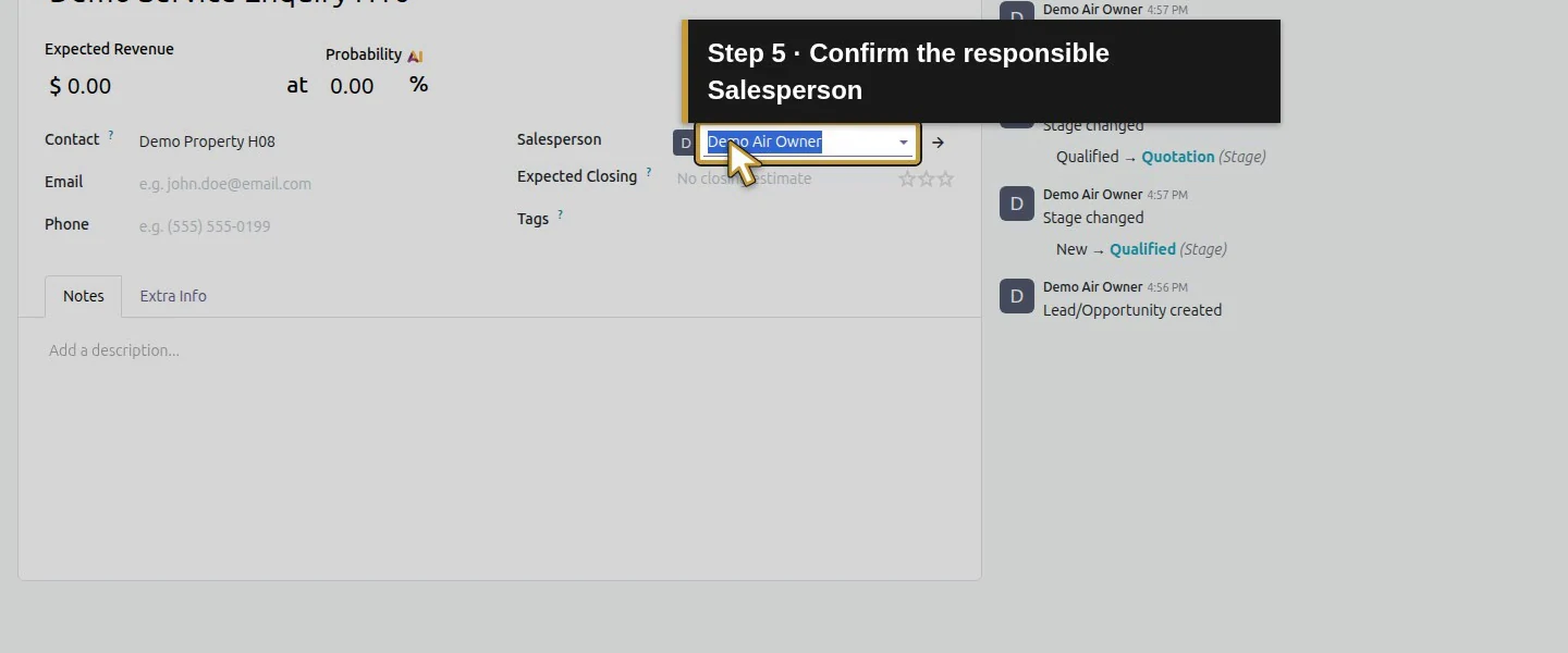 Video action 5: Confirm the responsible Salesperson. The actual target is highlighted in gold.