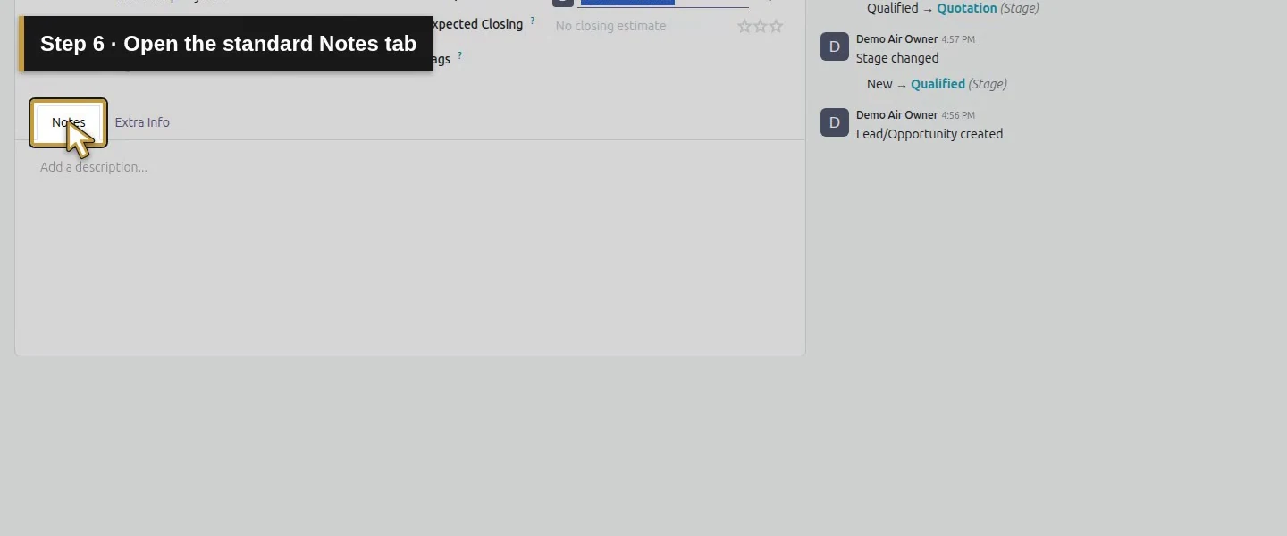 Video action 6: Open the standard Notes tab. The actual target is highlighted in gold.