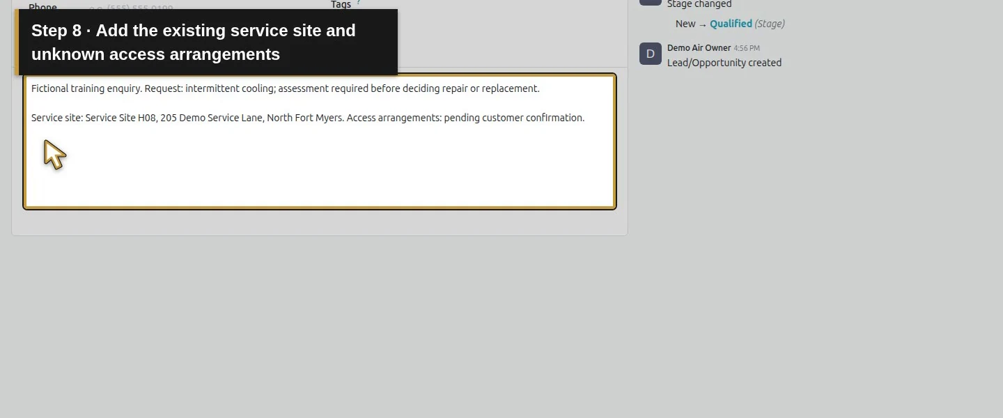 Video action 8: Add the existing service site and unknown access arrangements. The actual target is highlighted in gold.