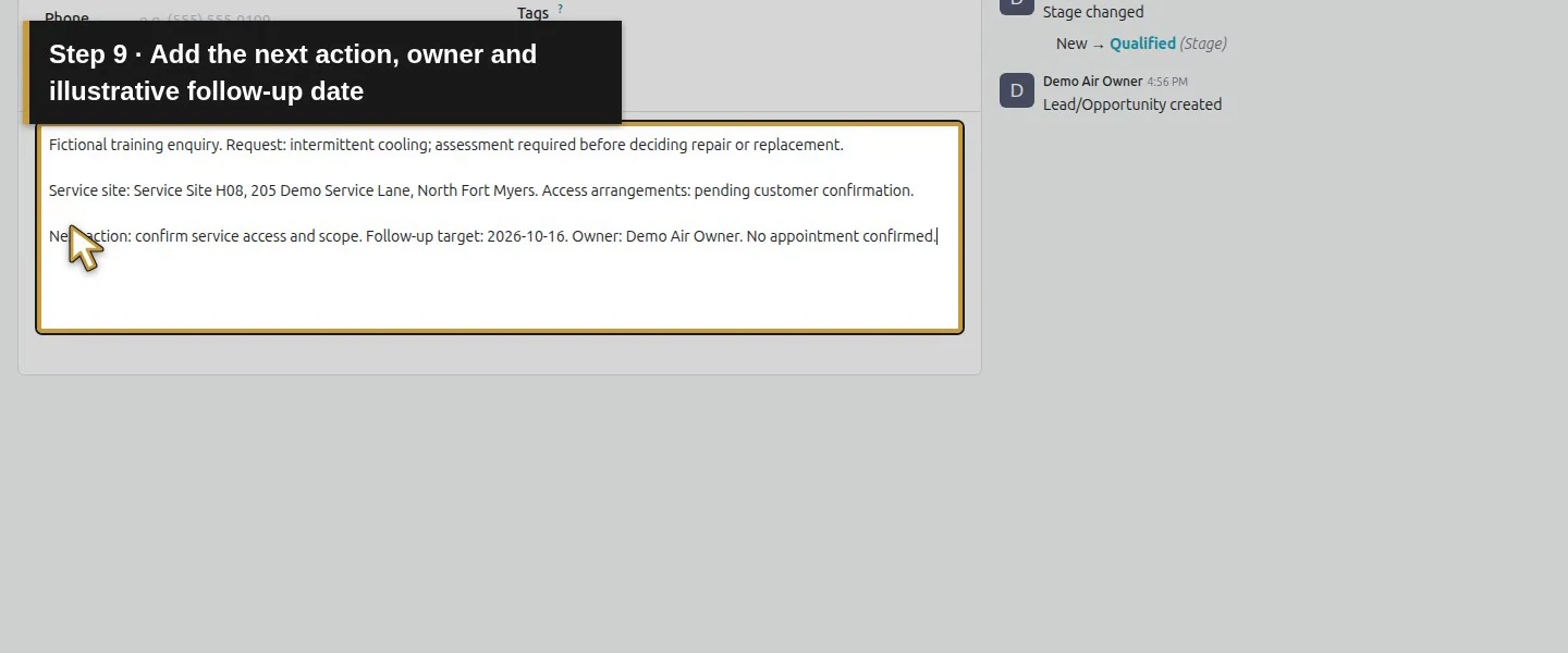 Video action 9: Add the next action, owner and illustrative follow-up date. The actual target is highlighted in gold.