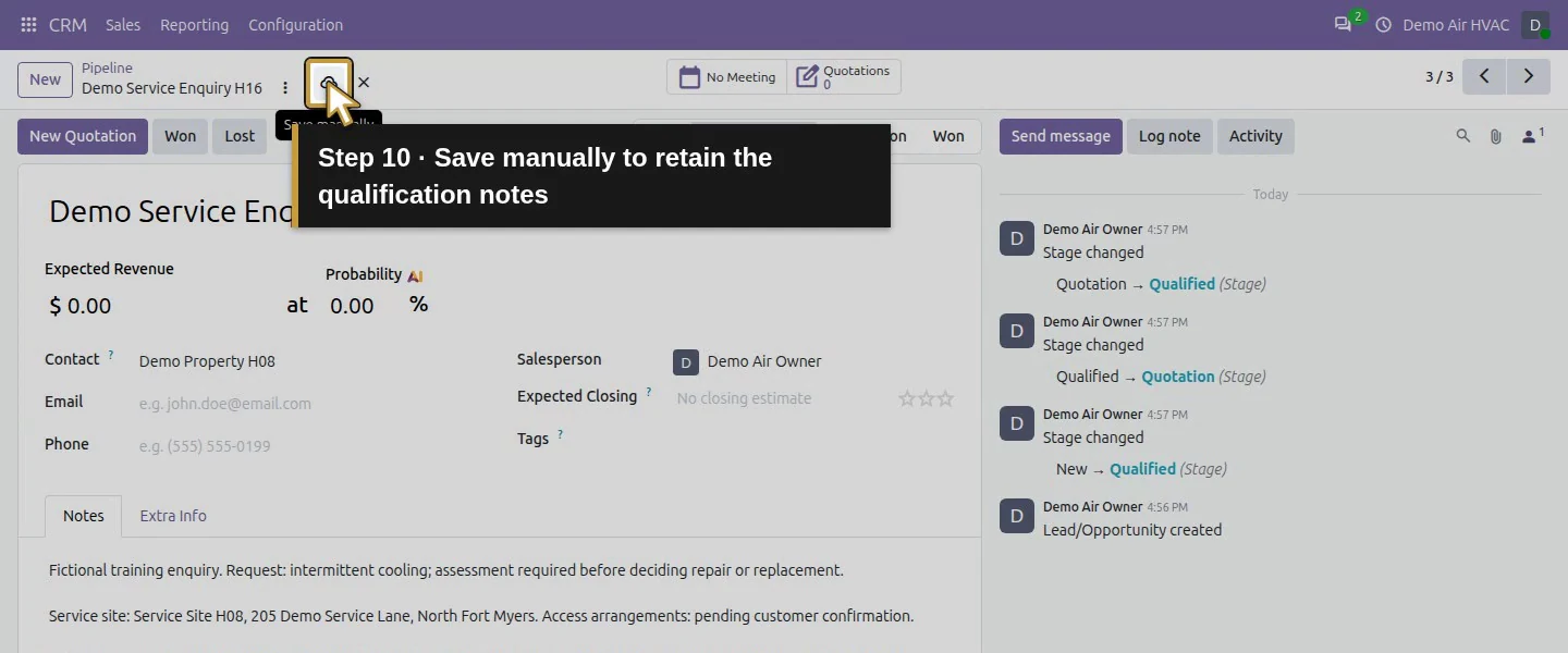 Video action 10: Save manually to retain the qualification notes. The actual target is highlighted in gold.