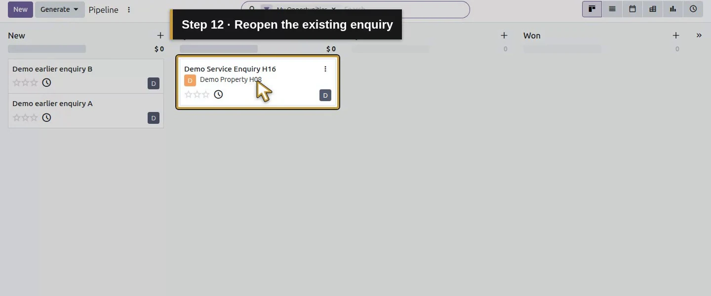 Video action 12: Reopen the existing enquiry. The actual target is highlighted in gold.