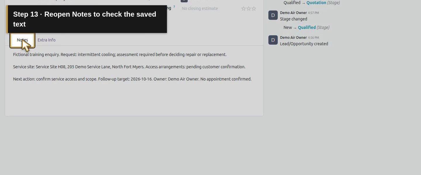 Video action 13: Reopen Notes to check the saved text. The actual target is highlighted in gold.