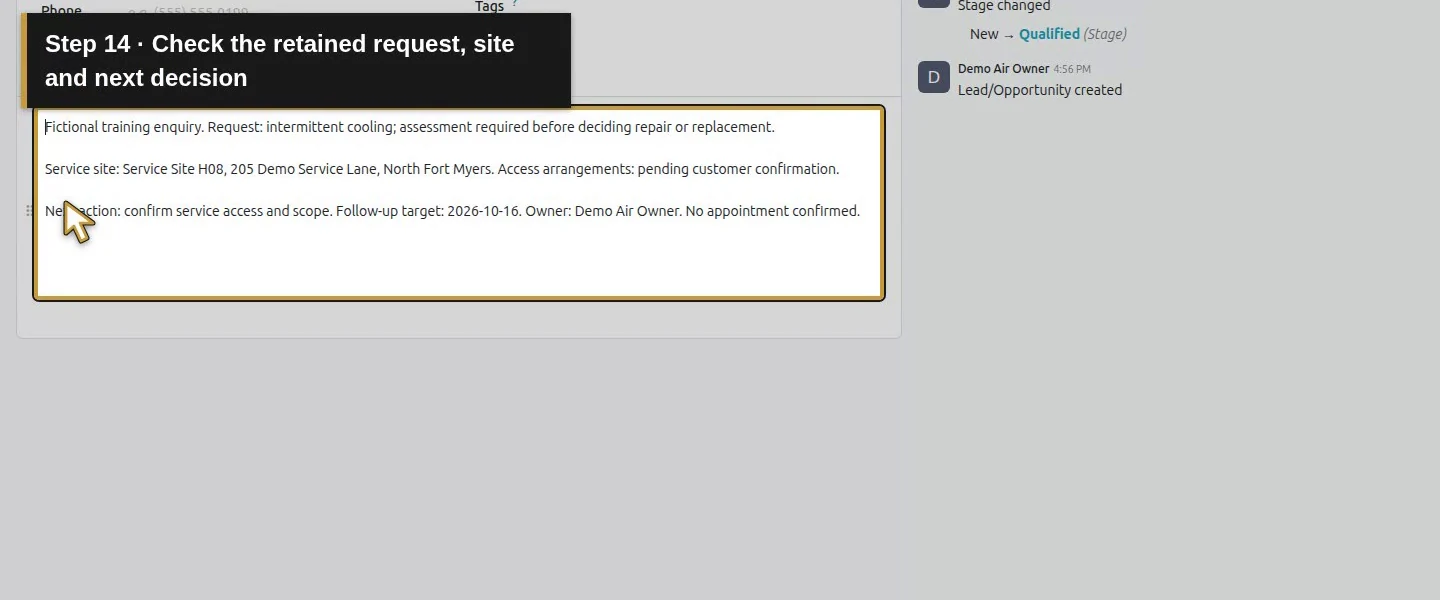 Video action 14: Check the retained request, site and next decision. The actual target is highlighted in gold.
