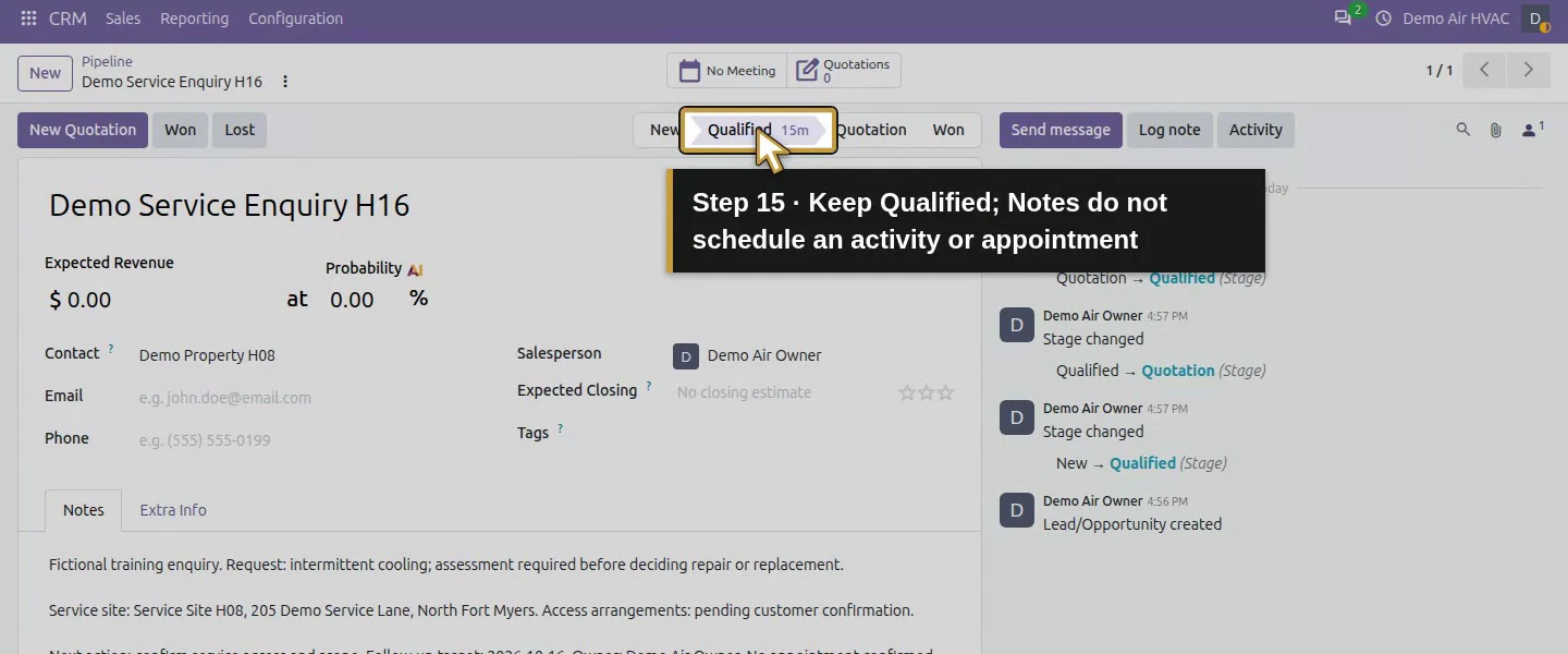 Video action 15: Keep Qualified; Notes do not schedule an activity or appointment. The actual target is highlighted in gold.