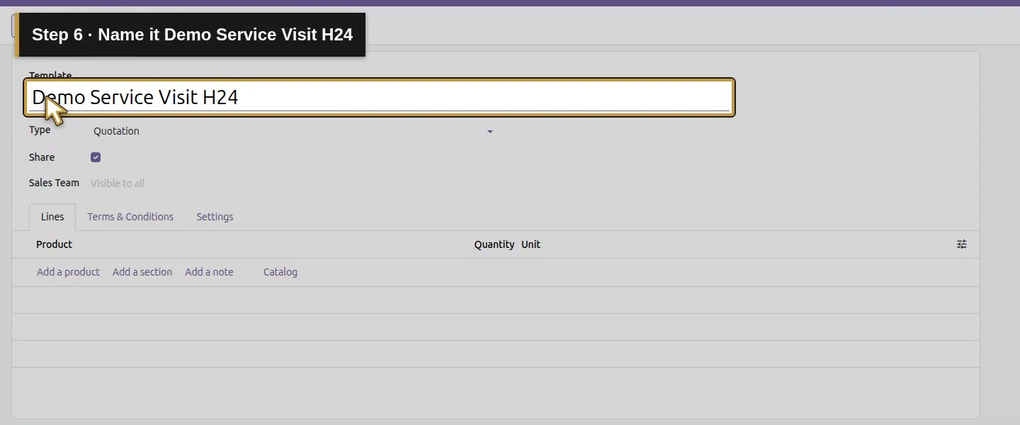 Action 6: Name it Demo Service Visit H24. The actual target is highlighted in gold.