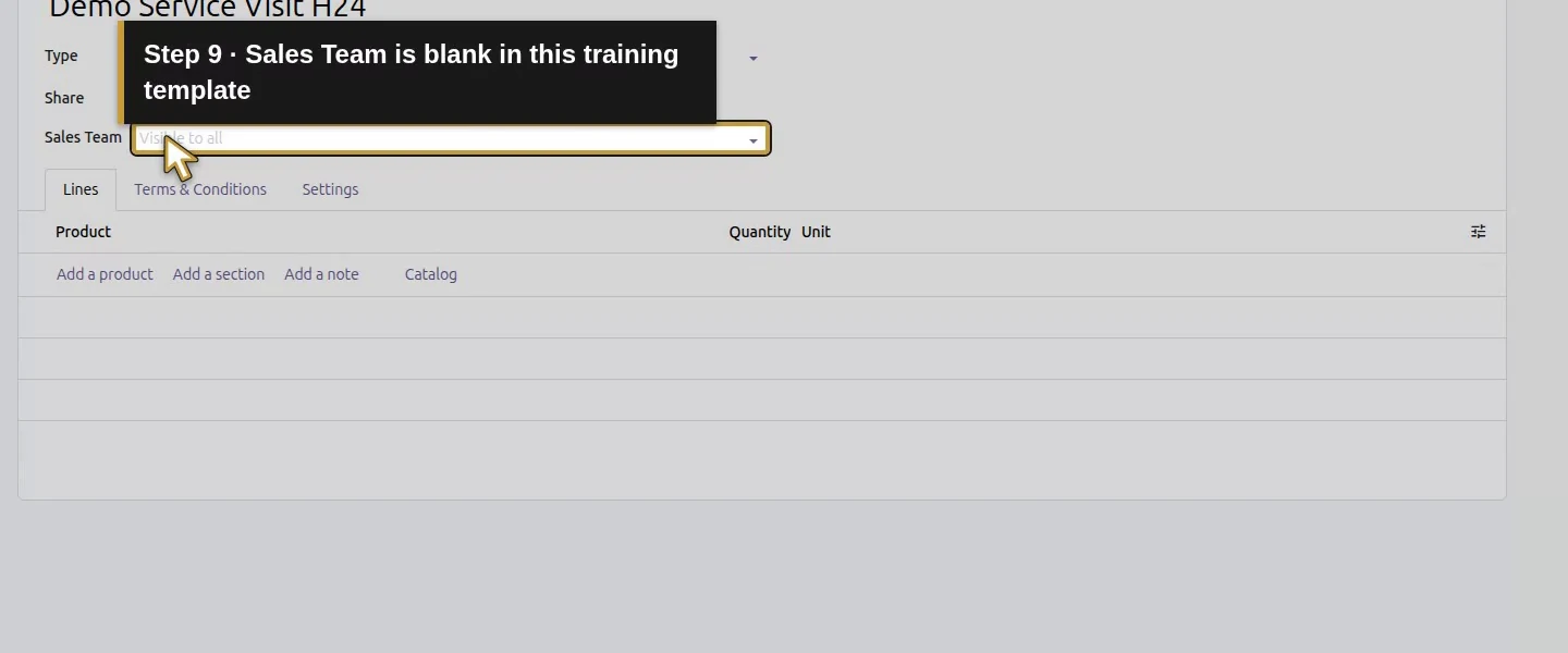 Action 9: Sales Team is blank in this training template. The actual target is highlighted in gold.